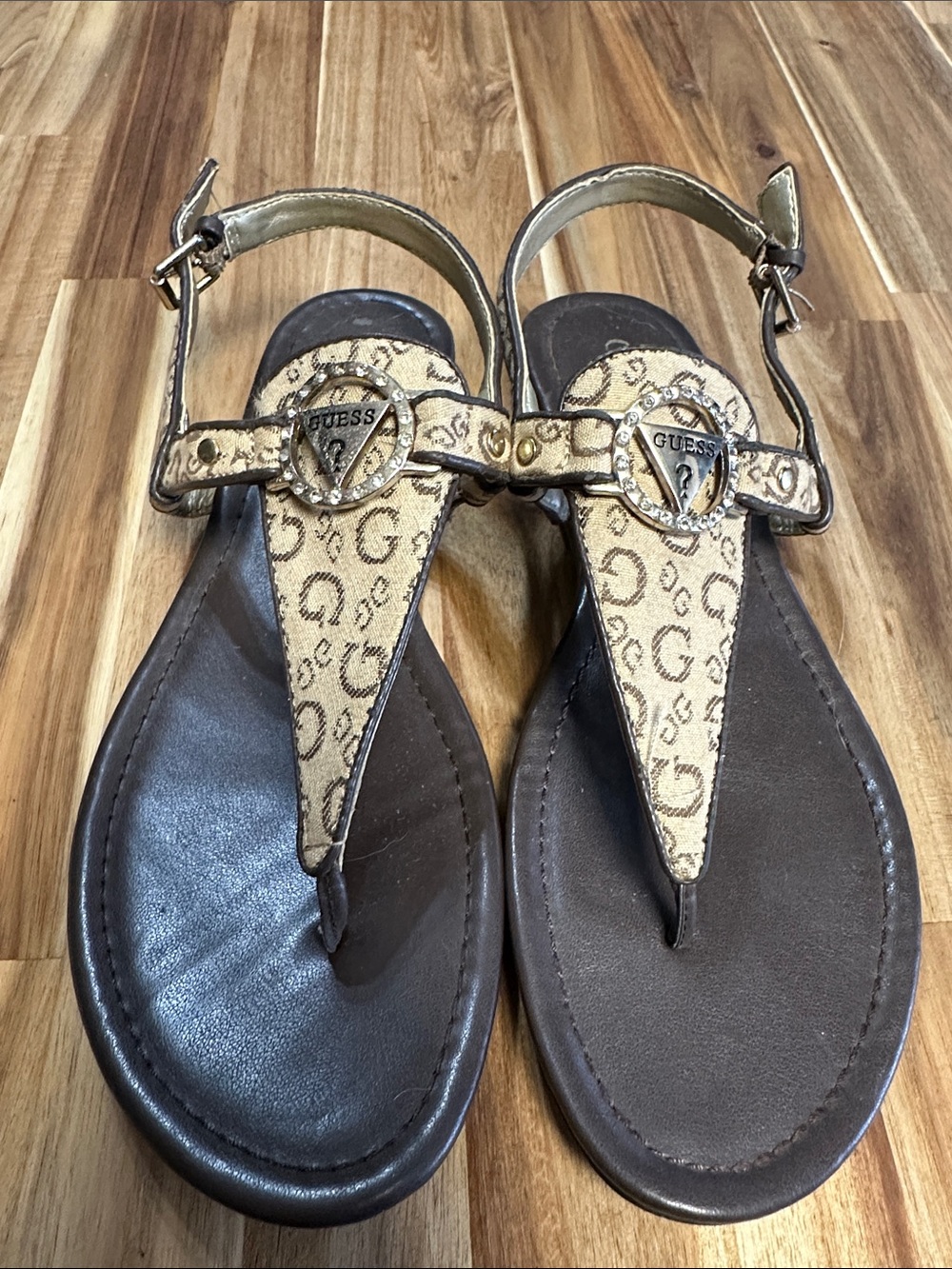 GUESS Beige Monogram T-Strap Sandals with Brown Footbed